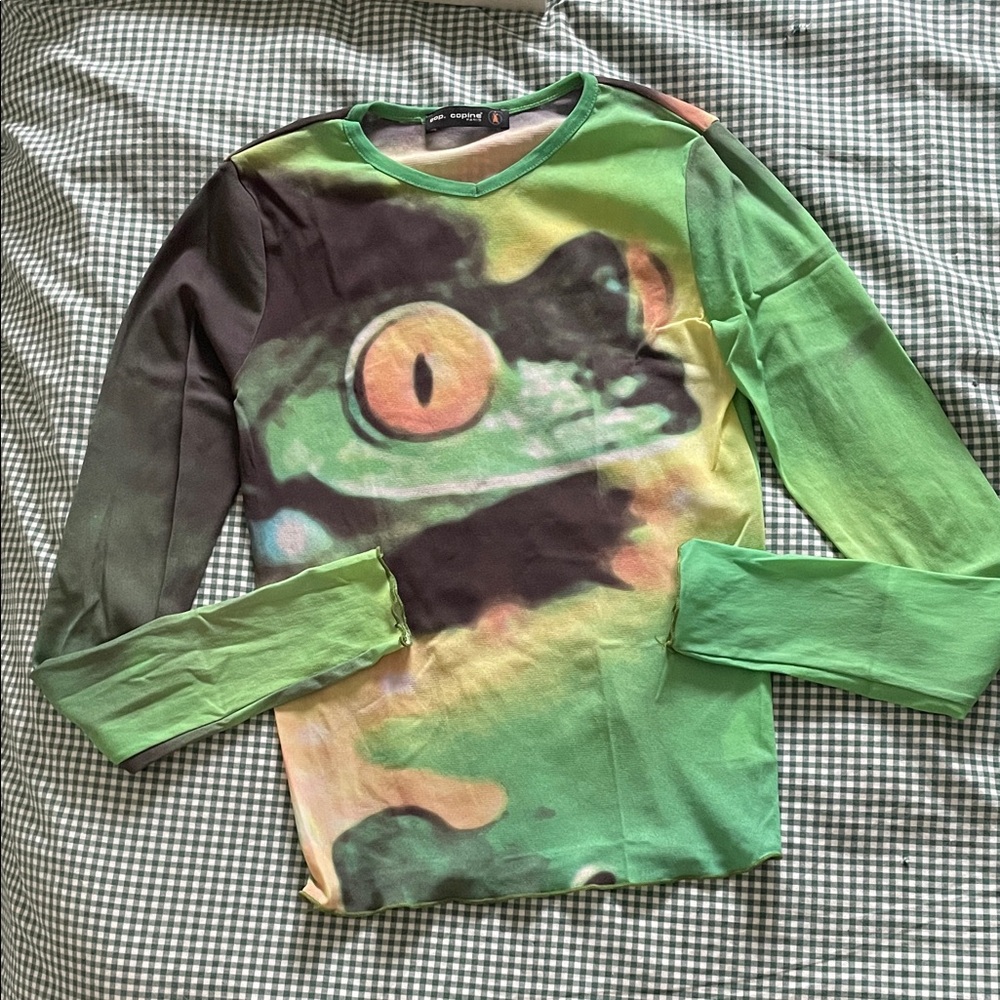 RARE COP COPINE Green Frog Print Long Sleeve Shirt